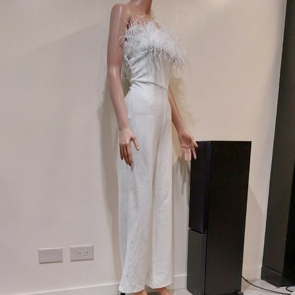 Dove Linen Feather Trim Sleeveless Flare Side Slit Jumpsuit